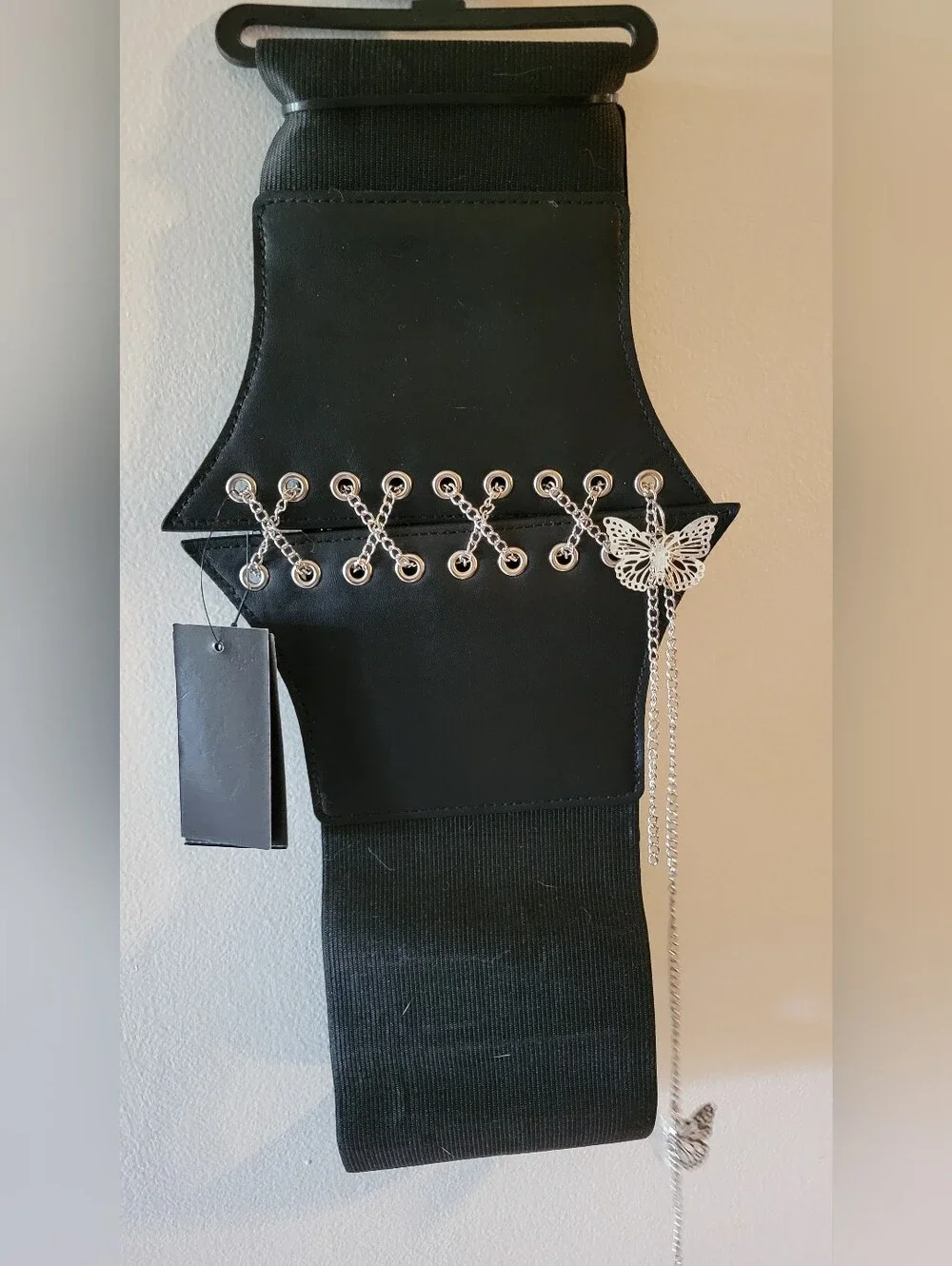 Hot Topic Black Elastic Waist Belt with Silver Butterfly Chain Accent